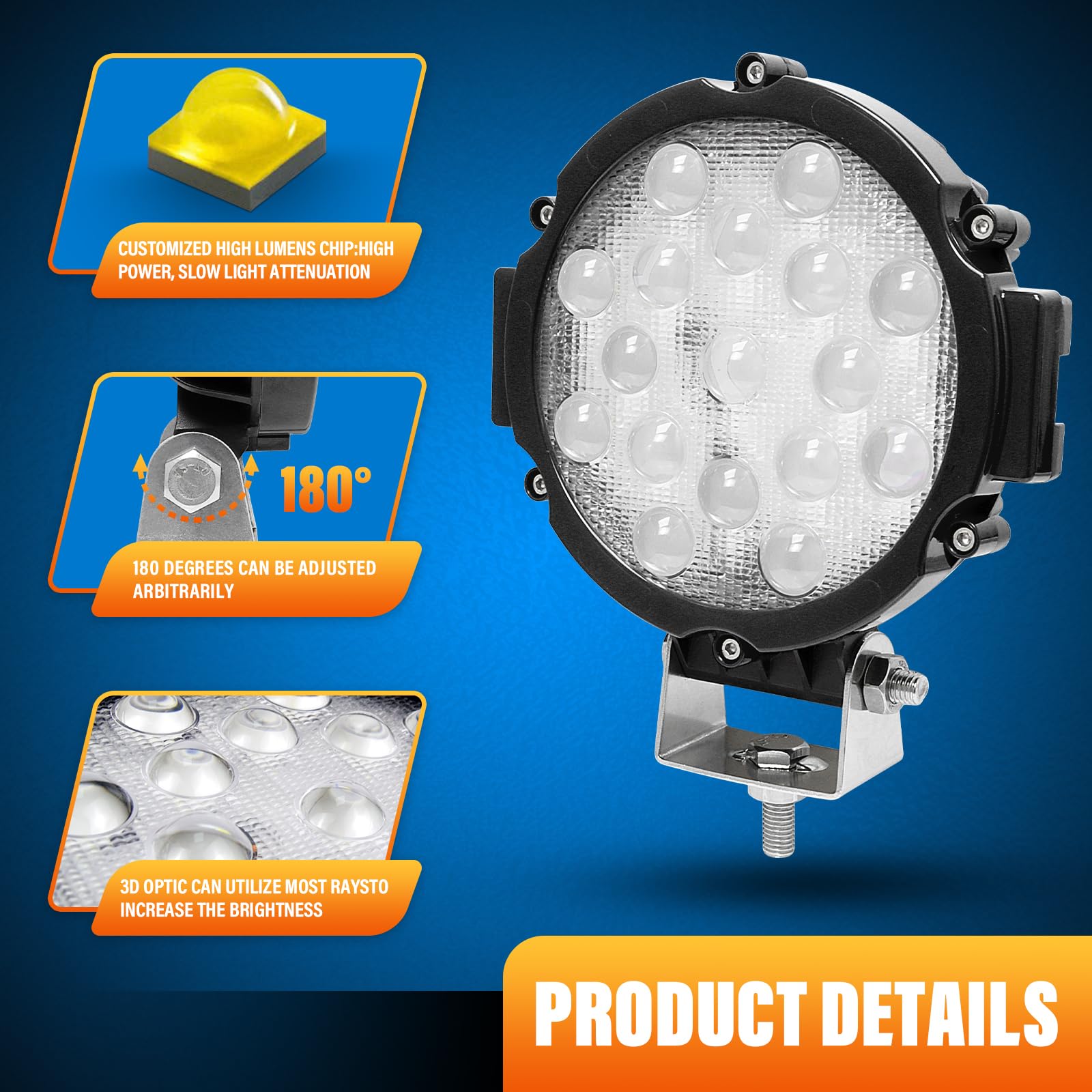 RIGIDON - 2 faros redondos de trabajo LED, color negro 7 pulgadas 51 W 12 V 24 V lámpara de trabajo LED, luces de trabajo para offroad vehículo camiones SUV ATV 4 x 4 barcos, 6000 k led headlight
