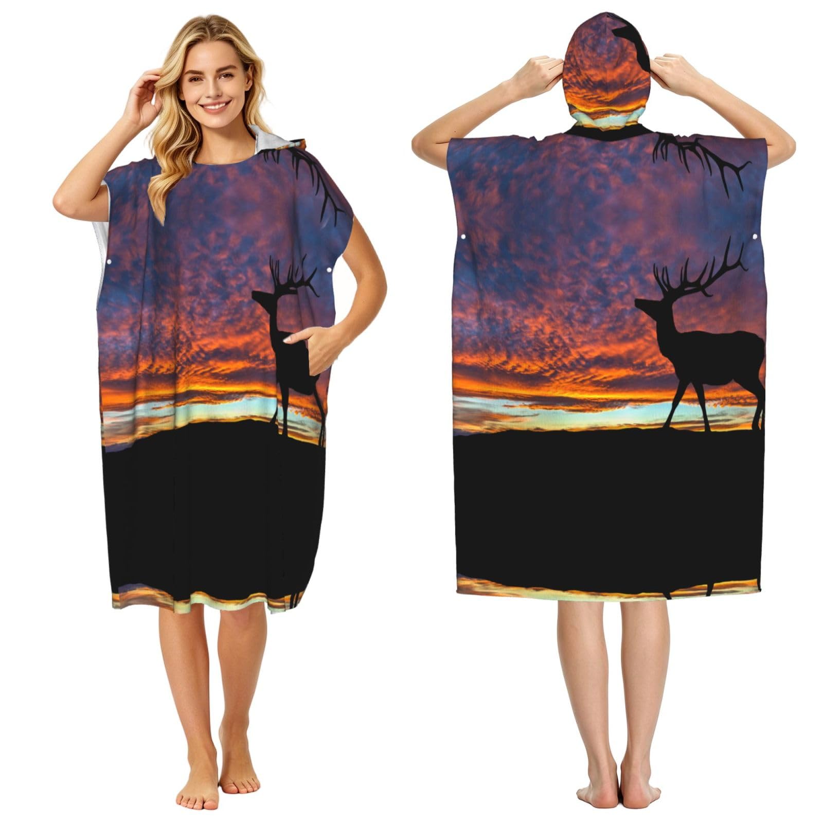 Peignoir à capuche pour piscine et plage motif cerf wapiti au coucher du soleil pour adulte