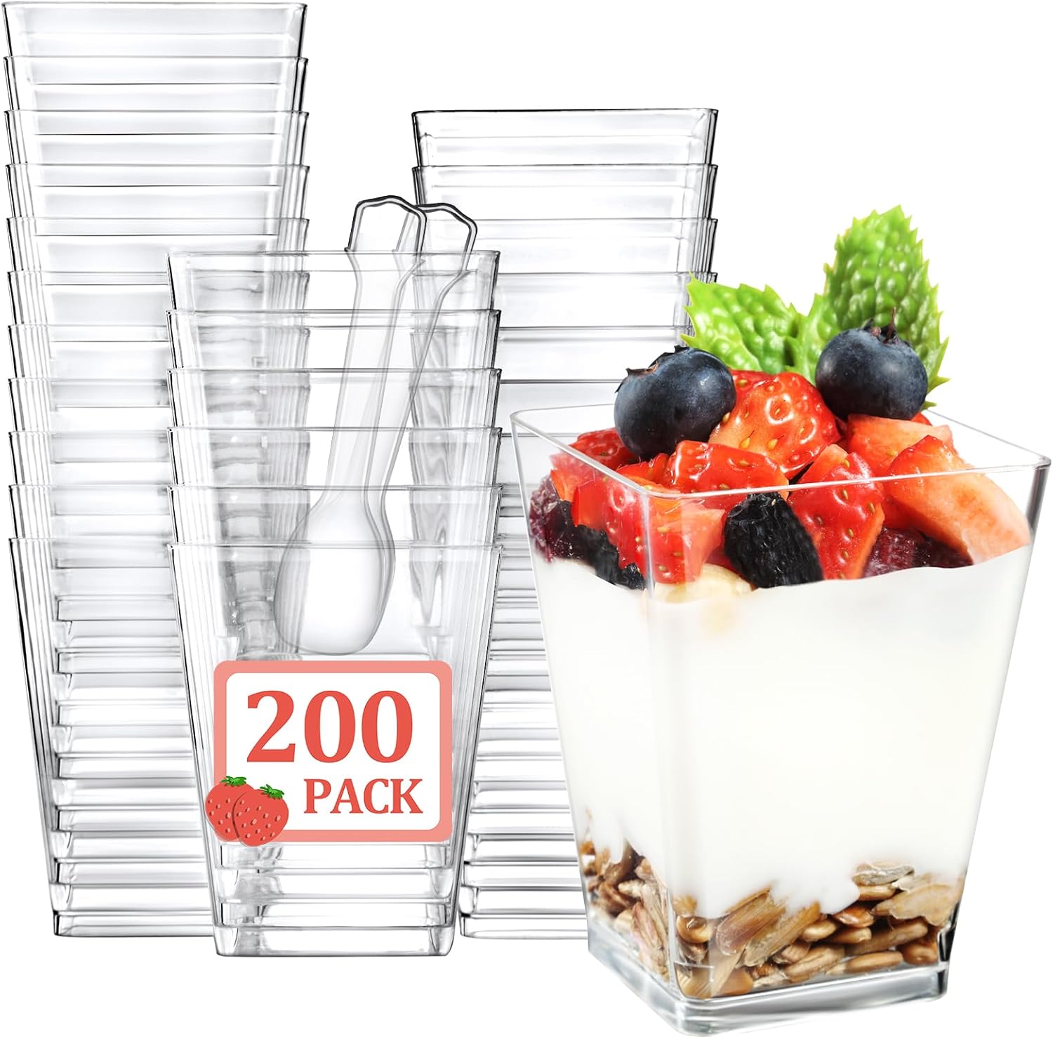 Eupako 200 Pack 5 OZ Plastic Mini Dessert Cups with Spoons - Clear Small Parfait Cups, Square Appetizer Cups for Fruit, Pudding, Mousse, Ice Cream, Party, Wedding, Valentine's Day