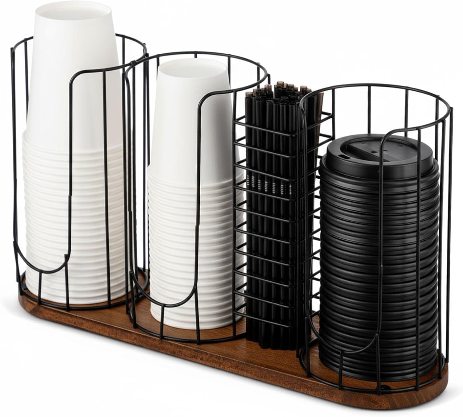 Geelin 18oz Adjustable Coffee Cup Dispenser, Cup Holder Organizer for Storing Paper Cups, Straws, Lids and Disposable Tableware(4-compartment Single Layer,Black and Brown)