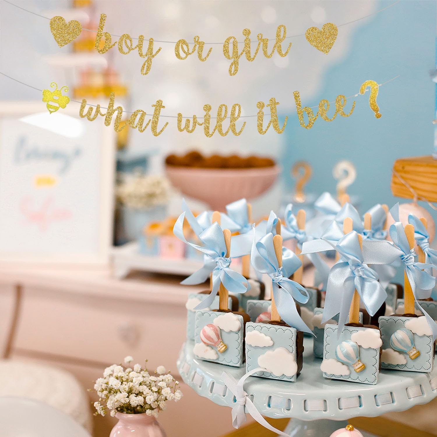 Pre-Strung Boy or Girl What Will It Bee Gold Glitter Banner - Gender Reveal Baby Shower Bumble Bee Decor