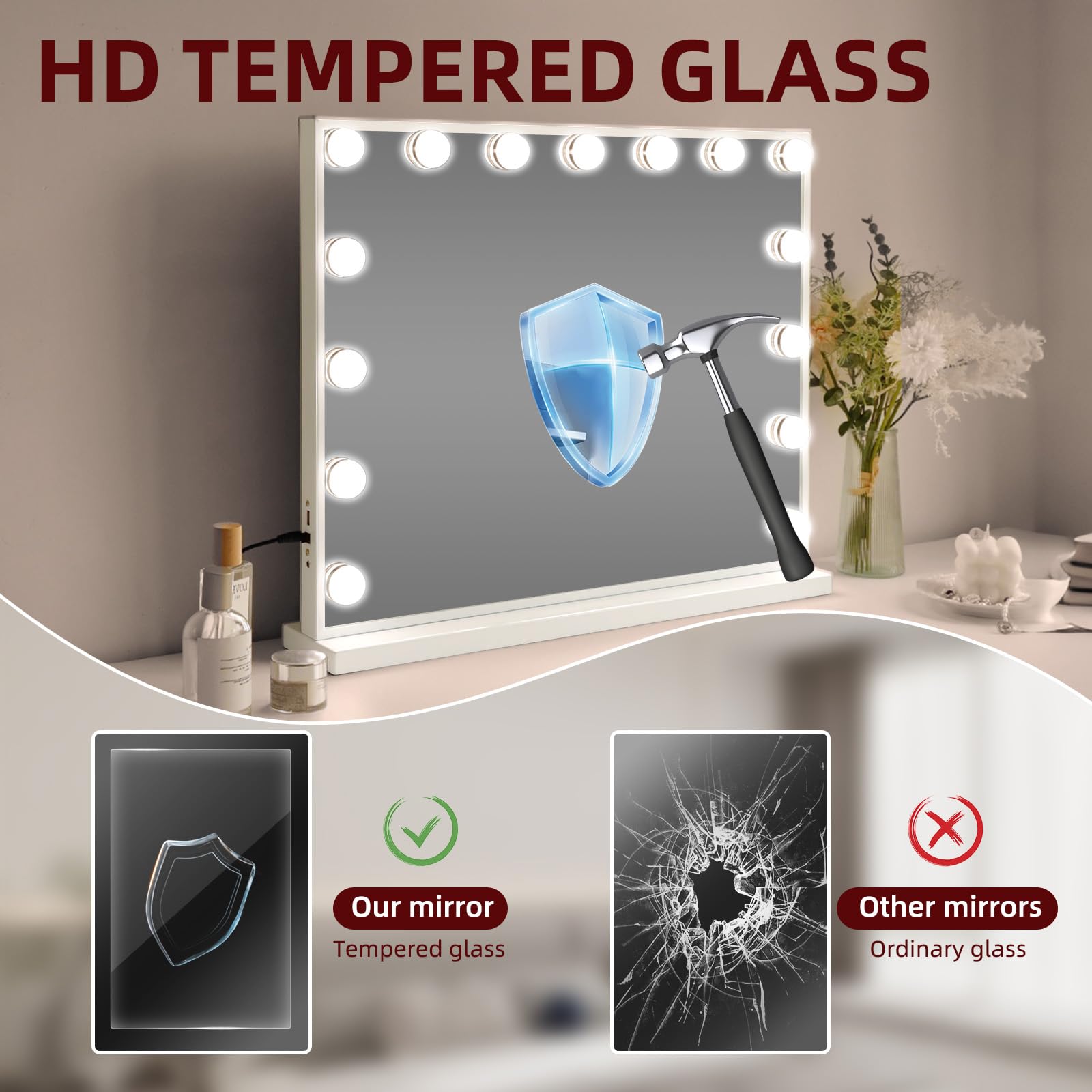 Ereousa Makeup Mirror with Lighting, Hollywood Mirror with 3 Light Colours, Durable Makeup Table