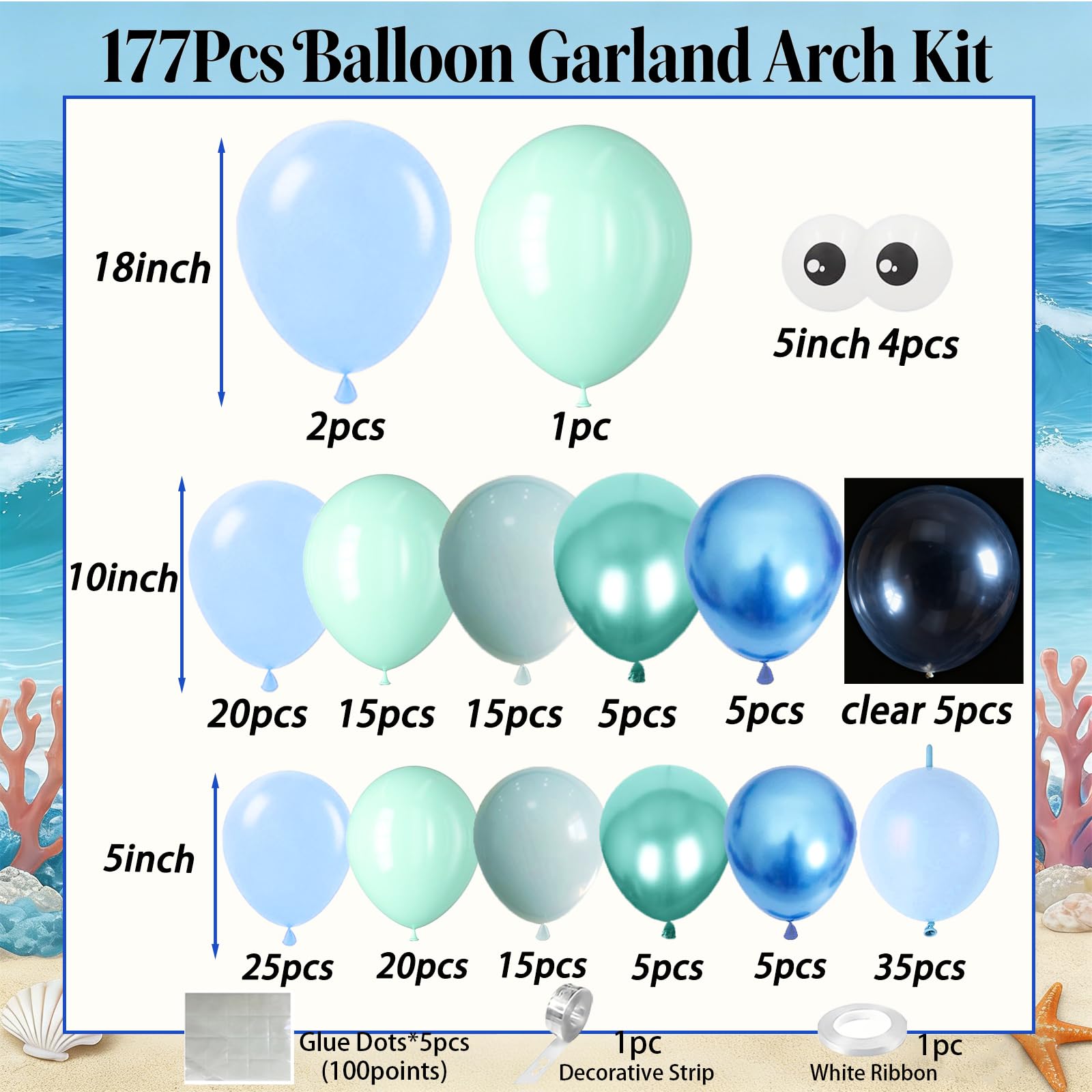 Zestaw łuków balonów z ośmiornicą, 177 szt. podmorskich dekoracji imprezowych, balonów, łuk do zwierząt morskich, oceanu, na urodziny, baby shower, plażę, basen, artykuły imprezowe, z ośmiornicą
