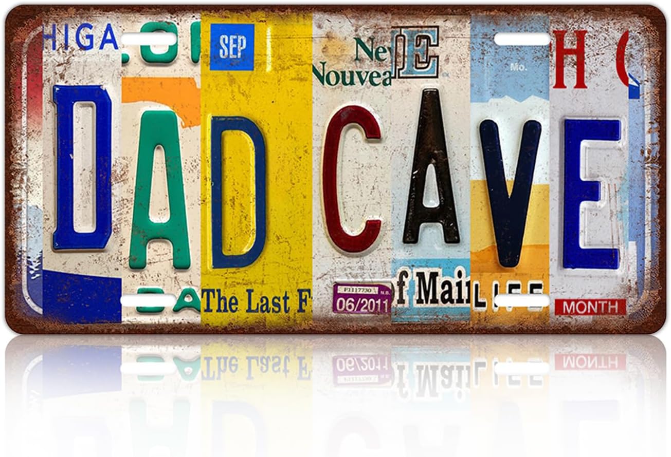 Vintage Dad Cave Metal Tin Sign License Plate Wall Decor Gift for Father 12 x 6 Inches