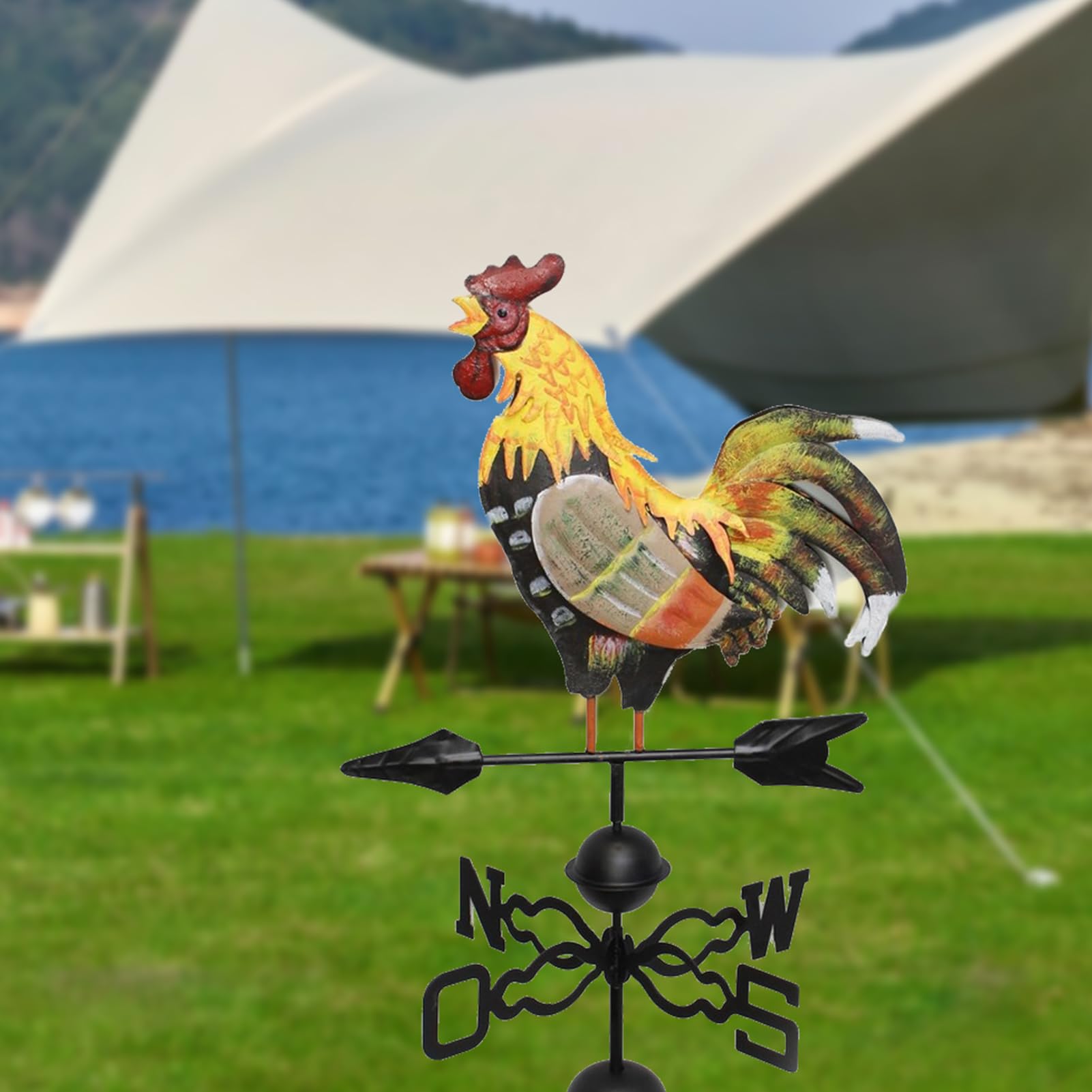 Veleta colorida de gallo de metal con indicador de viento, forma de gallo, 120 x 30 cm