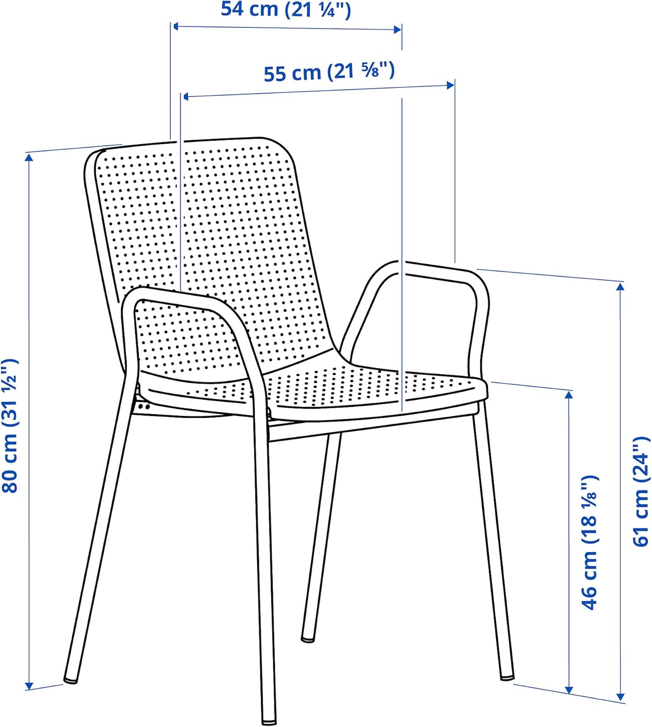 Diagram showing the dimensions of the IKEA TORPARÖ chair