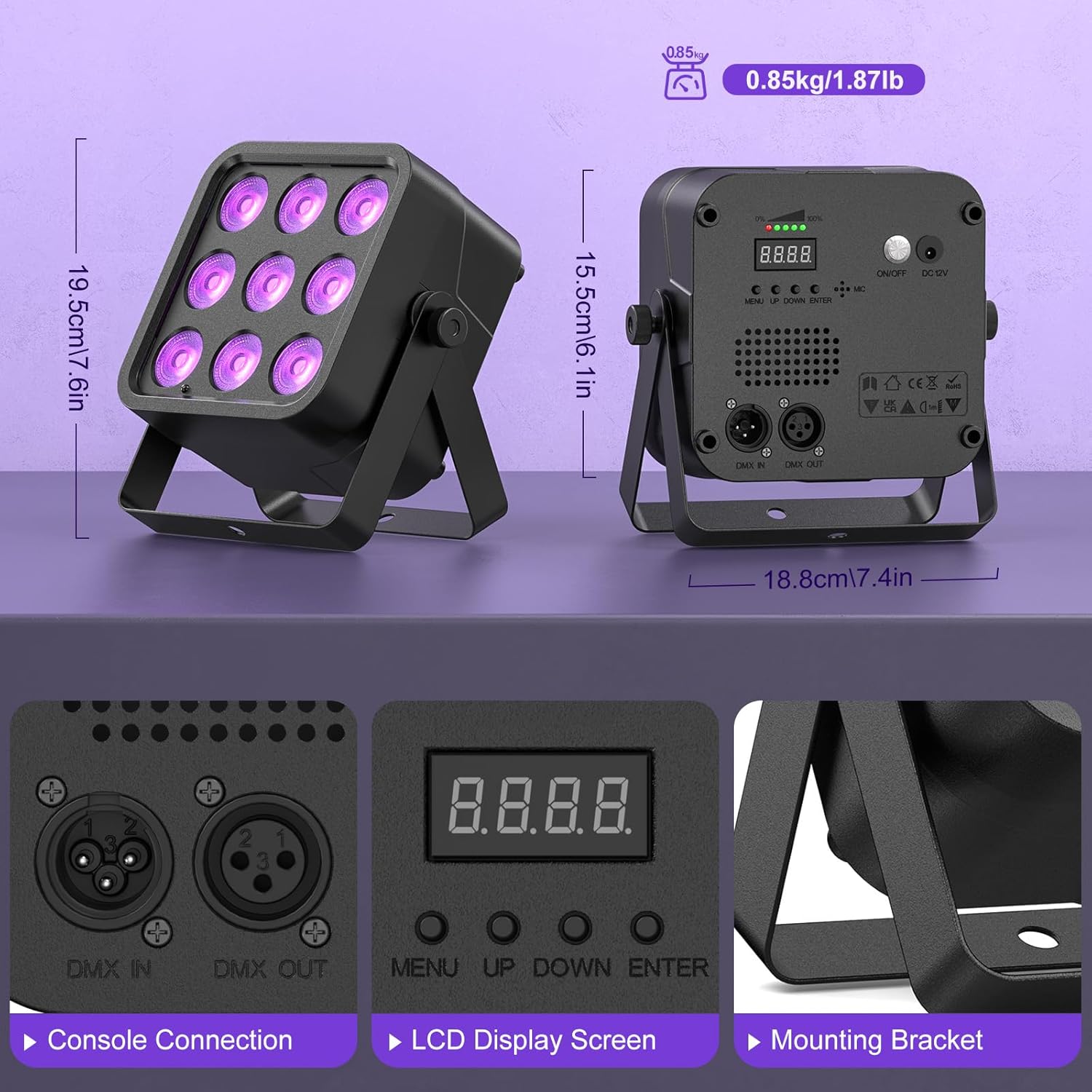Rechargeable Stage Lights, 9 * 6W RGBWA UV 6-in-1 Battery Powered Par Lights, 6/8/10 CH Wireless Uplights DMX512 Control, Uplighting for Party, Wedding, Event, 1 Pack