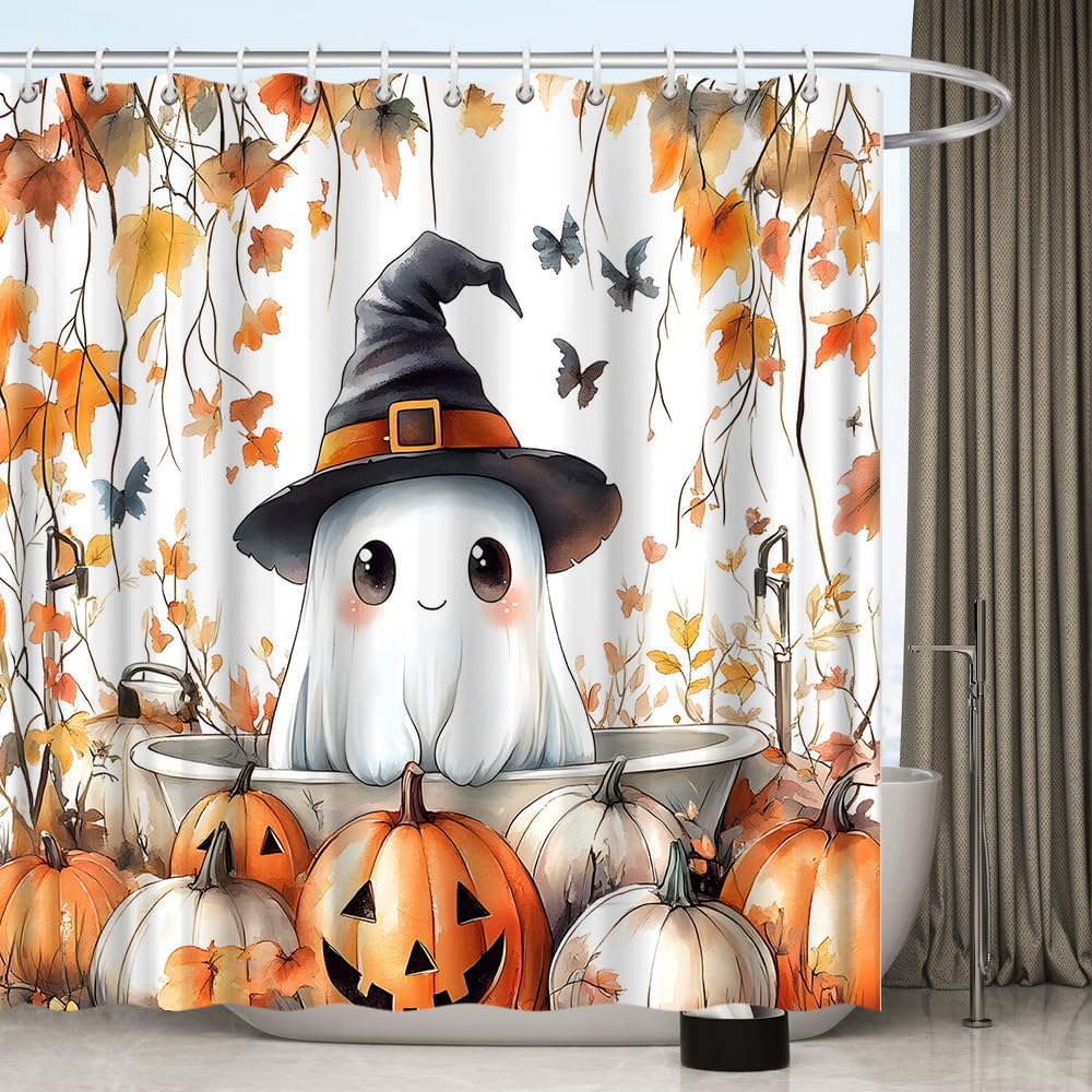 Fall Spooky Ghost Shower Curtain Funny Ghost Take Bath Bat Halloween Pumpkin Maple Leaf Thanksgiving Bath Decor Polyester Fabric Curtains 90X70 Inch