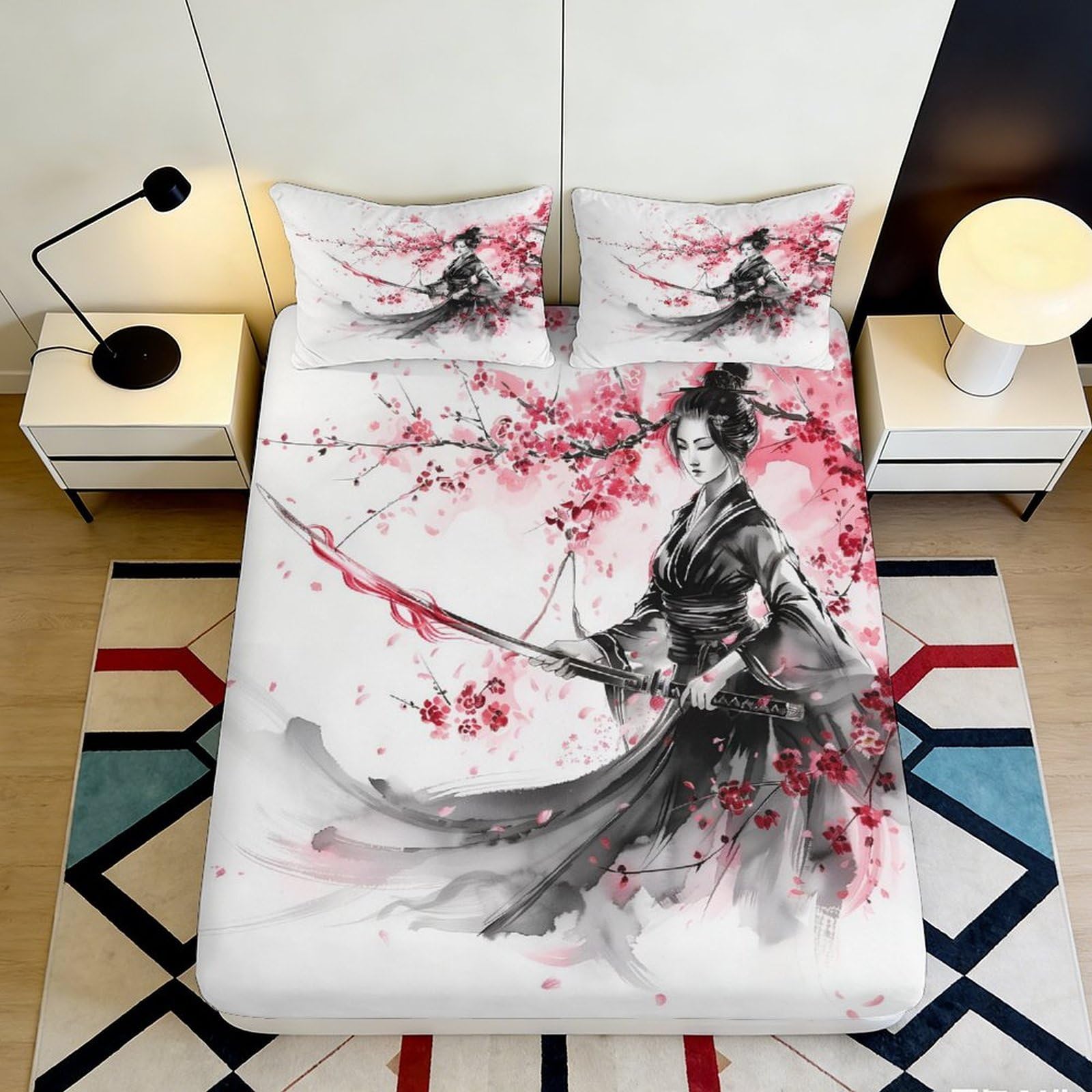 3D Printed Samurai Warrior Fitted Sheet Microfiber Cherry Blossom Bed Cover for Bedroom Dorm Mattress Decor 90x200x25cm