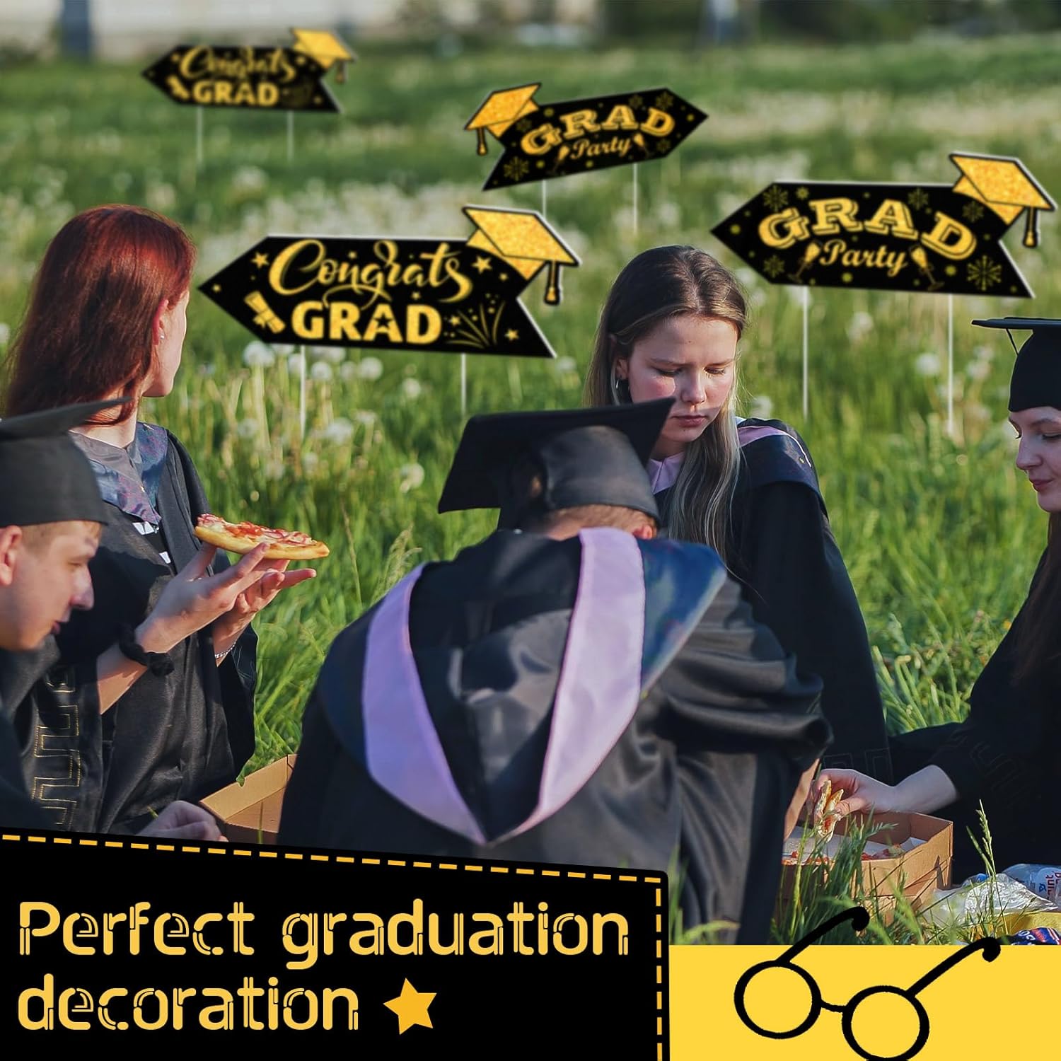 Landical 8 Pack 2026 Graduation Party This Way Yard Sign Arrow 17 x 6 Inch Double Sided Printed Directional Yard Sign with Stakes Black Graduate Party for Outdoor Graduation Supply(Gold)