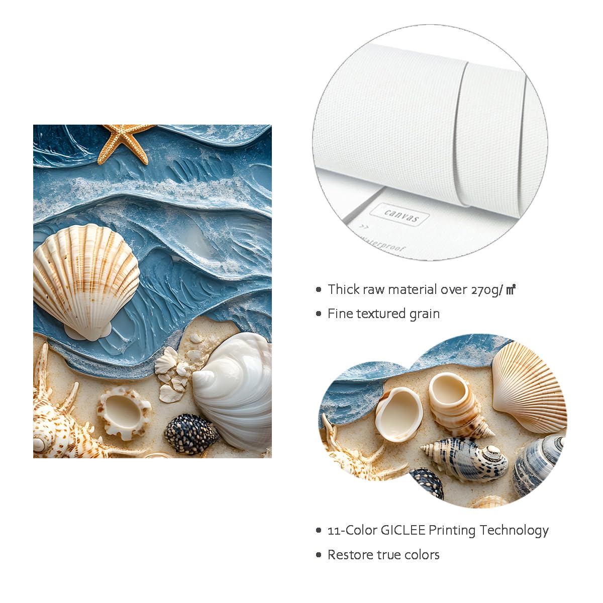 Fale oceanu Muszle Wall Art Wall Art Beach Theme Muszle Morskie Nadmorskie Drukowanie Nadmorskie Plakaty Nadmorskie Dzieła Sztuki Do Salonu Łazienka Decor 70 x 110 cm Rama wewnętrzna