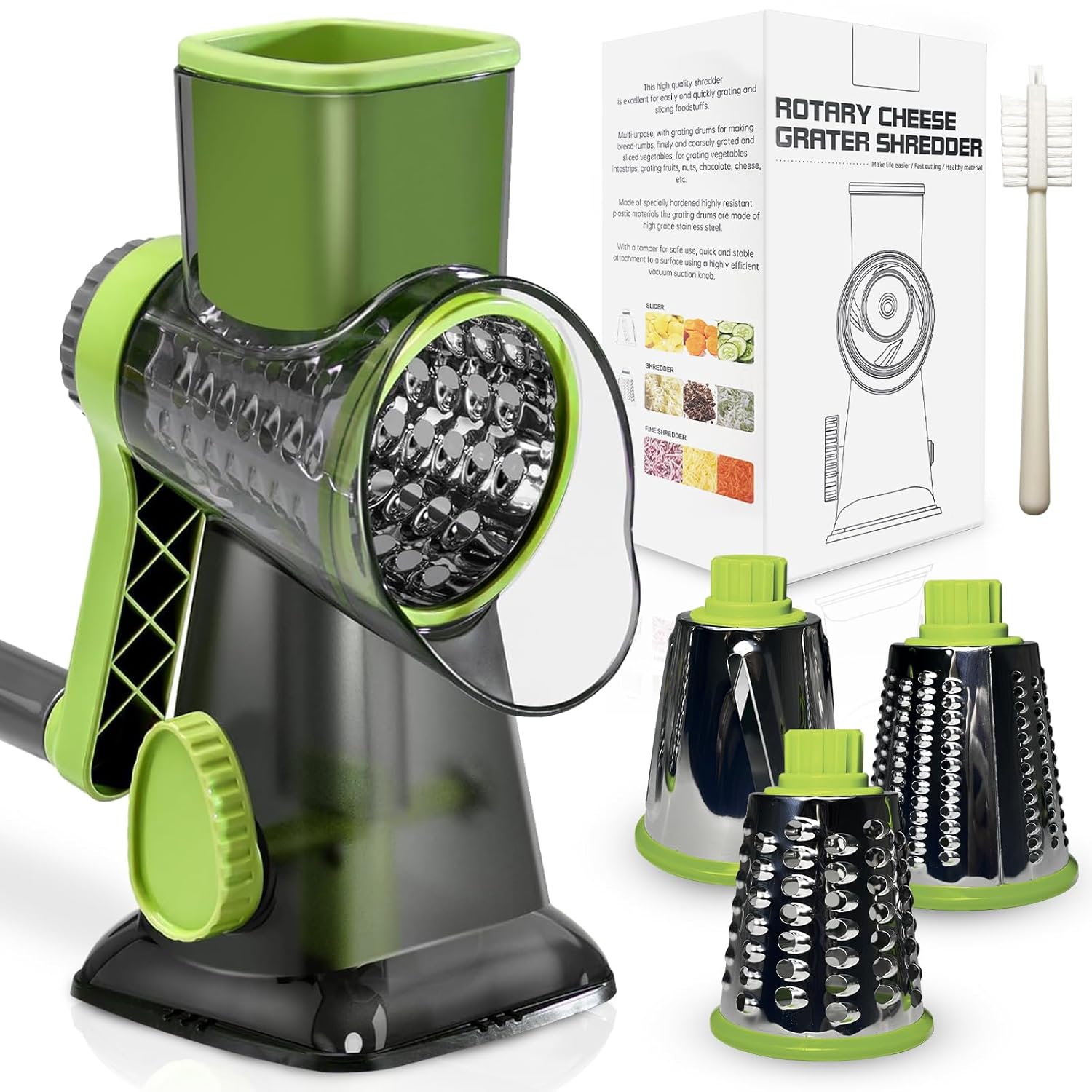 Rotary Cheese Grater with Handle XinM Cheese Shredder Kitchen Mandoline Vegetable Slicer with 3 Interchangeable Blades Easy to