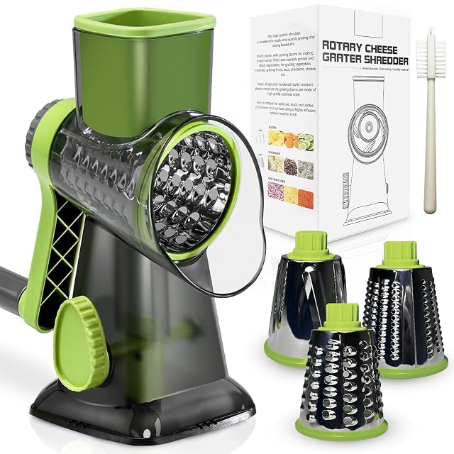 Rotary Cheese Grater with Handle XinM Cheese Shredder Kitchen Mandoline Vegetable Slicer with 3 Interchangeable Blades Easy to