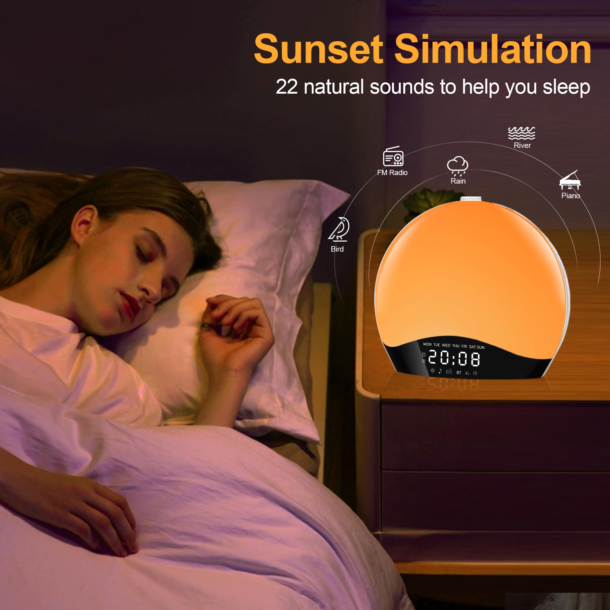 Réveil Lumineux avec Enceinte Bluetooth, Simulateur d'Aube, Radio Réveil Numérique, Lampe de Chevet Multicolore, Snooze, 22 Sons de Sommeil, Minuterie, 20 Luminosités