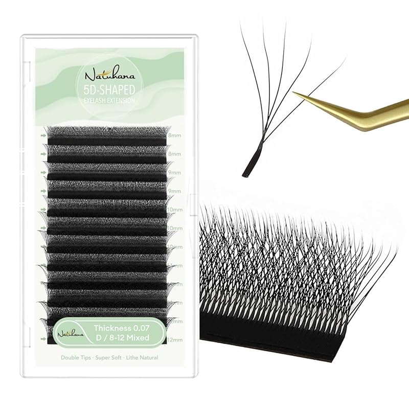 NATUHANA Extensões de Cílios W Clover 5D, Espessura 0,07, Curvatura D, 8–12 mm, Leques Prontos Pretos
