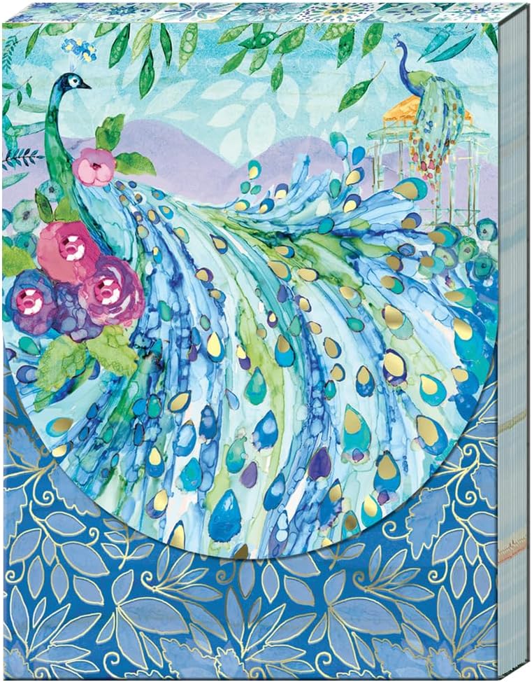 Punch Studio Flip-Top Pocket Notepad 3" x 4", For Daily Notes or Notes on-the-go, 75 Illustrated Sheets with Gold Foil Accents, Gems & a Magnetic Closure - Pagoda Peacock (45908)