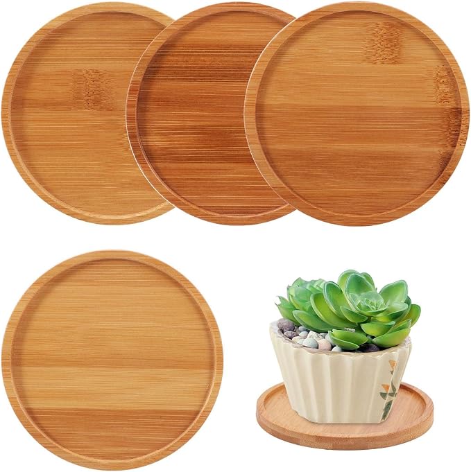4 Pack Bamboo Plant Pot Saucers, 4.7 Inch Round Bamboo Coaster Plant Drainage Tray Cork Wood Drip Pads Plates for Owl Pots Succulent Pots, Flower Pot