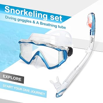 Snorkel Set Pano 3 Window Adult Snorkeling Gear, Professional Snorkel Goggles Anti-Fog Diving Mask, Anti-Leak Swim Goggles and Dry Top Snorkel for Diving, Snorkeling, Swimming