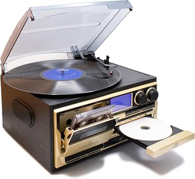 Tokyo Deco Multi Record Player Multi-Function Type Built-in Speaker Wood Grain Pattern 3 Rotation Speeds/Record/CD/CD-R/RW/Cassette Playback/Digital Recording/AM FM Radio Reception/Repeat Function