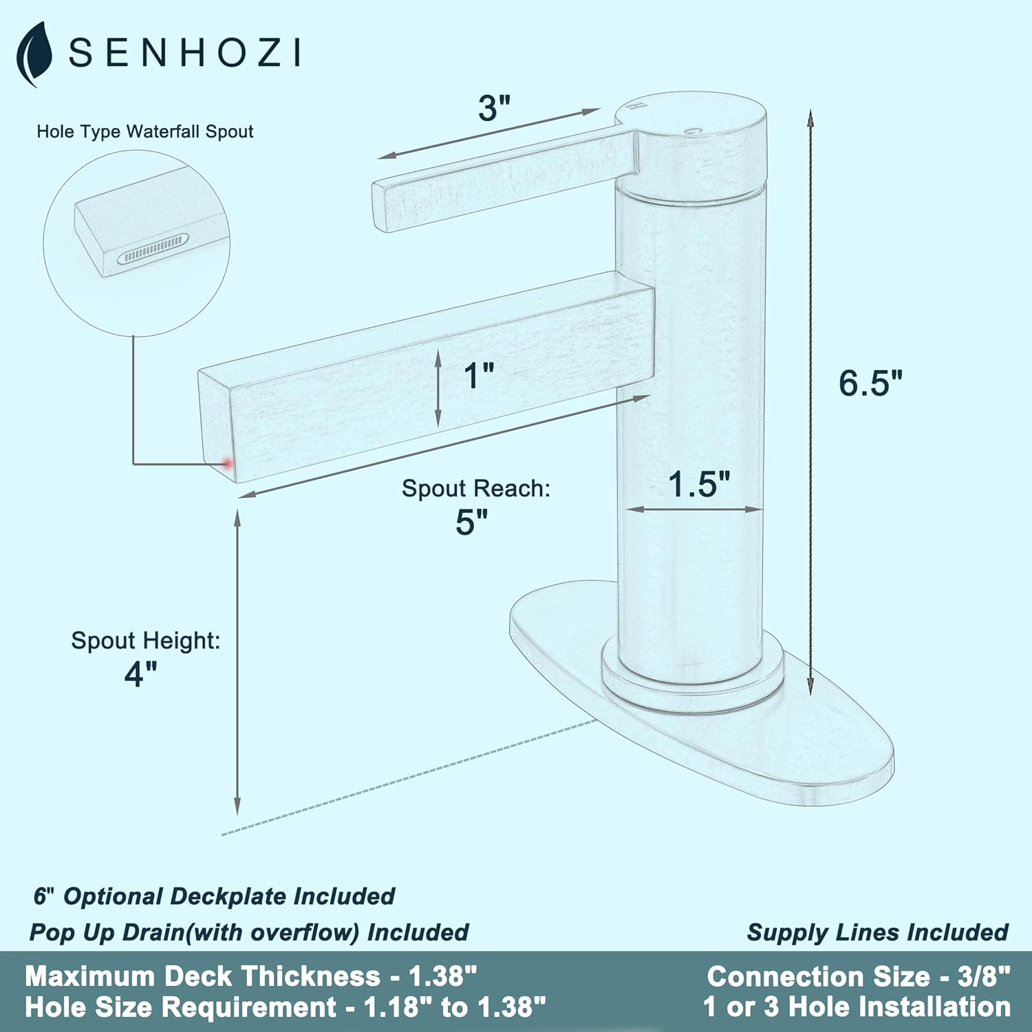 Matte Black Bathroom Faucet for Sink 1 Hole, Single Hole Bathroom Faucet with Optional 6 Inch Deck Plate & Pop-Up Drain, Black Bathroom Faucet 1 Hole, SE-1016-BK