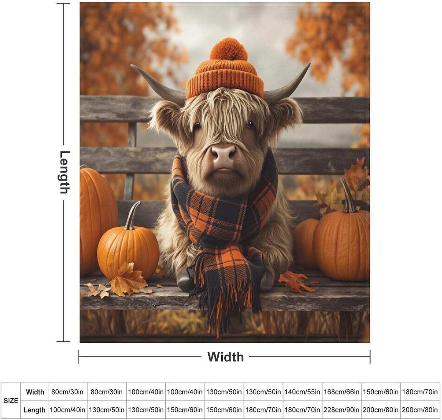 Autumn Cow Wearing Scarf Pumpkin Flannel Fleece Throw Blanket for Kids, Soft Lightweight & Anti-Pilling Cozy Blanket for Couch, Bed, Sofa, Camping, and Travel 70"x80"