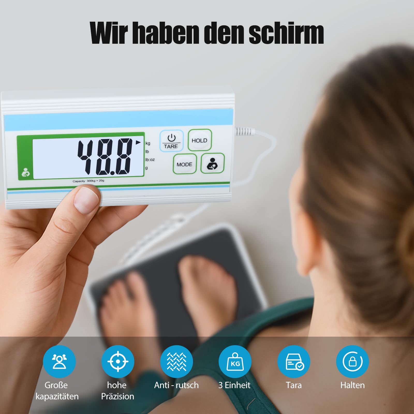 Medizinische Schwerlastwaage bis 300kg-Personenwaage separates Display | Digitale Plattformwaage mit 20g-Teilung, Tara & Hold-Funktion. Robuste Edelstahl-Körperwaage für Klinik, Praxis & Adipositas