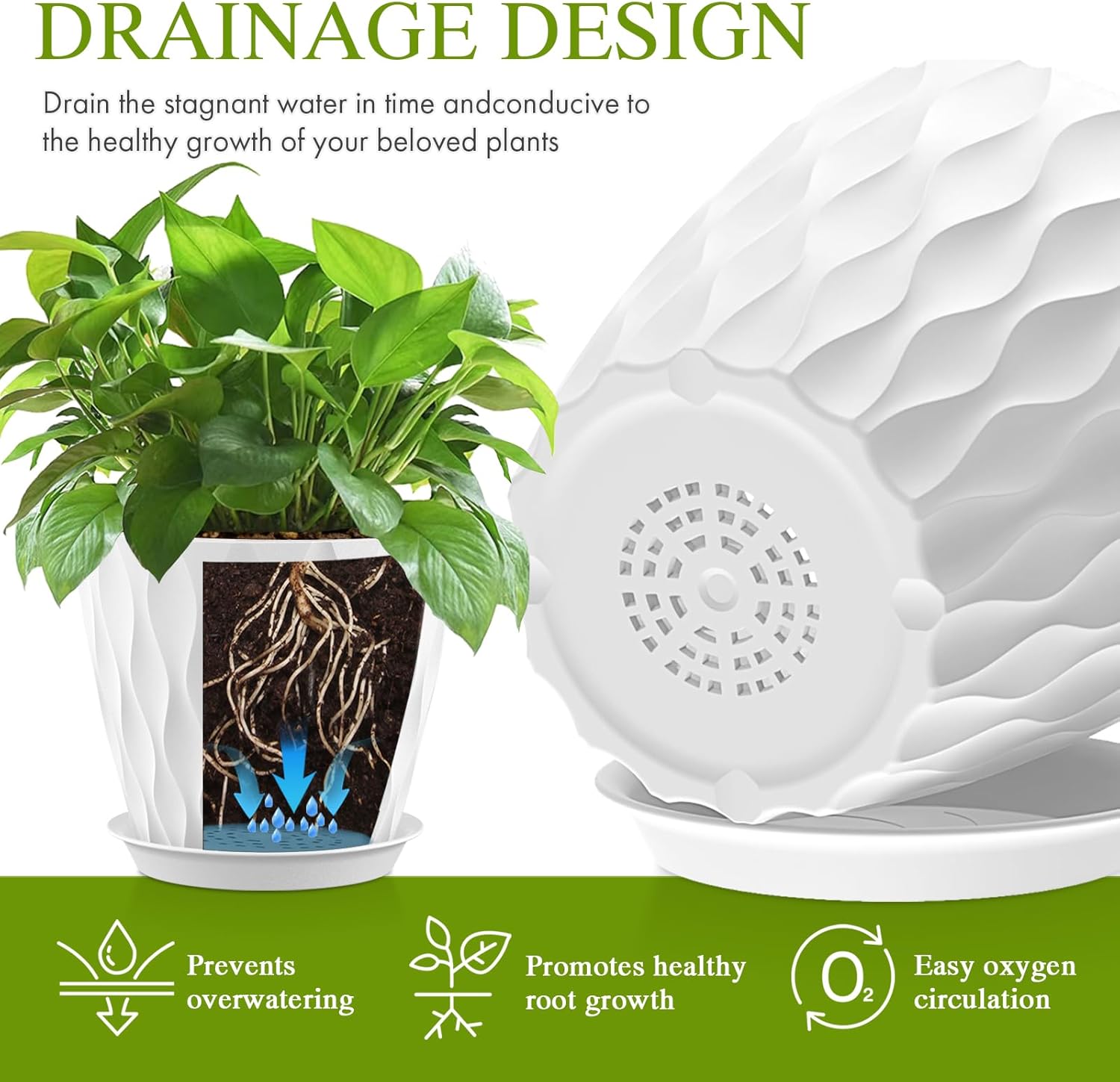 8" Water Wave Plant Pots with Drainage Holes & Saucers, 4 Pack Modern Textured Medium Planters for Indoor Outdoor Plants, Decorative Flower Pots Repotting Set for Flowers, Herbs (White)
