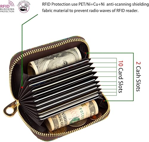 Vista 2 de Cartera de cuero para mujer, con bloqueo RFID, tarjetero con cremallera para tarjetas de crédito, para damas y niñas, Flor azul