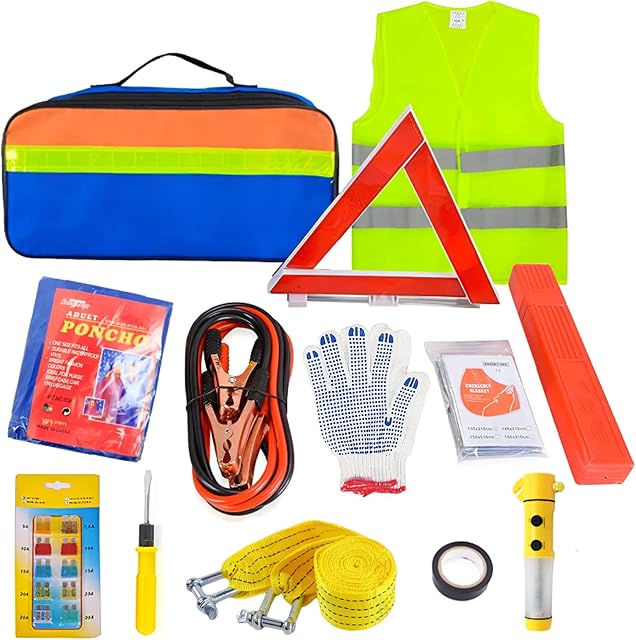 crayfomo 12-In-1 Car Emergency Tool Kits,European Roadside Assistance Car Breakdown Kit with Visibility Vest,Warning Triangle,Jumper Cables,Car Safety Hammer,Tow Rope,Storage Bag
