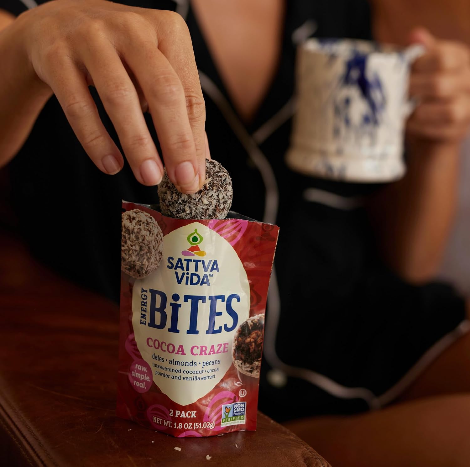 Sattva Vida Energy Bites - Cocoa Craze - Case of 10 with 2 Pieces per Pack, Dates and Nuts Balls, Almonds, Pecans, and Date Based. Cocoa Healthy Minimal Satisfying