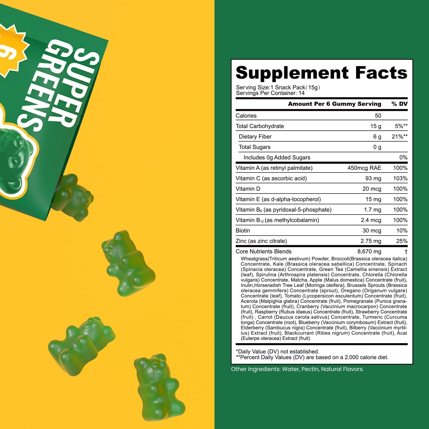 NEWELLME Daily Super Greens Gummies - 6g Fiber per Serving - Sugar-Free, Vegan & Gluten-Free - Essential Multivitamin with Probiotics for Digestive Health, Energy & Immunity - 14 Grab-and-Go Packs