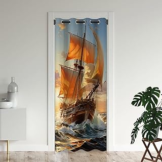 Nautical Door Curtains for Doorways, Pirate Ship Sailboat Sailing Adventure Ocean Blackout Curtain for Kids Bedroom Closet, Grommet Thermal Insulated Privacy Door Drapes for Room Divider, 42