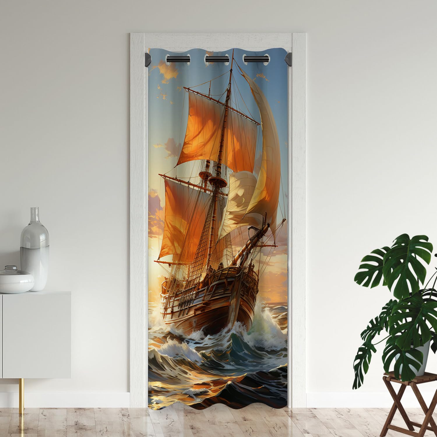 Nautical Door Curtains for Doorways, Pirate Ship Sailboat Sailing Adventure Ocean Blackout Curtain for Kids Bedroom Closet, Grommet Thermal Insulated Privacy Door Drapes for Room Divider, 34