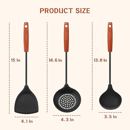 Miniatura 3 de FJNATINH Wok Tools, utensilio de wok, espátula de wok, cucharón, juego de herramientas de espumadera, utensilios de cocina de silicona
