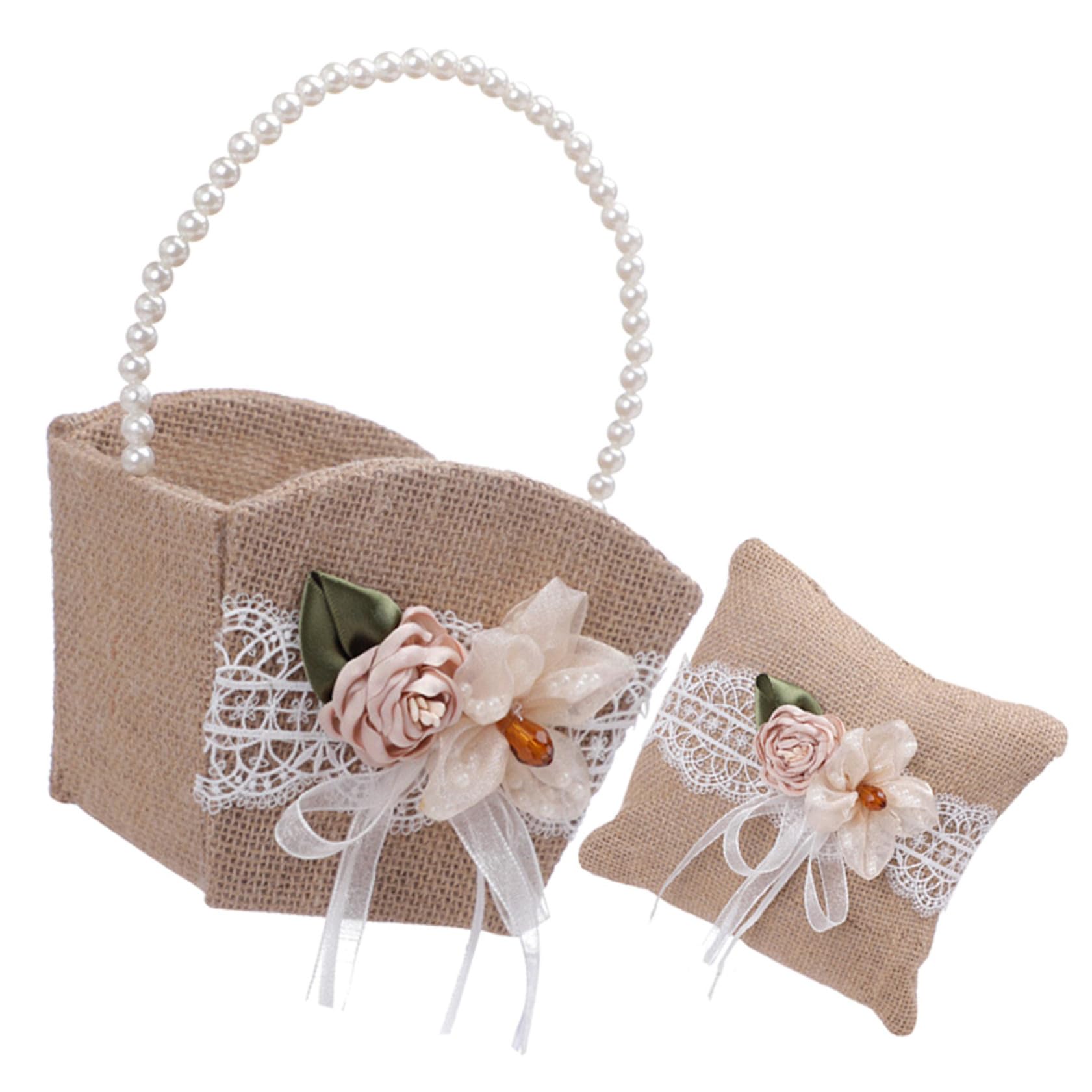 Panier de fleurs de mariage en lin et coussin alliances pour cérémonie laïque