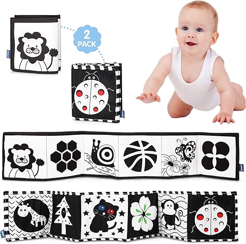 Paquete de 2 libros para bebés de alto contraste en blanco y negro, actividades de aprendizaje Montessori para bebés, juguetes para el tiempo boca