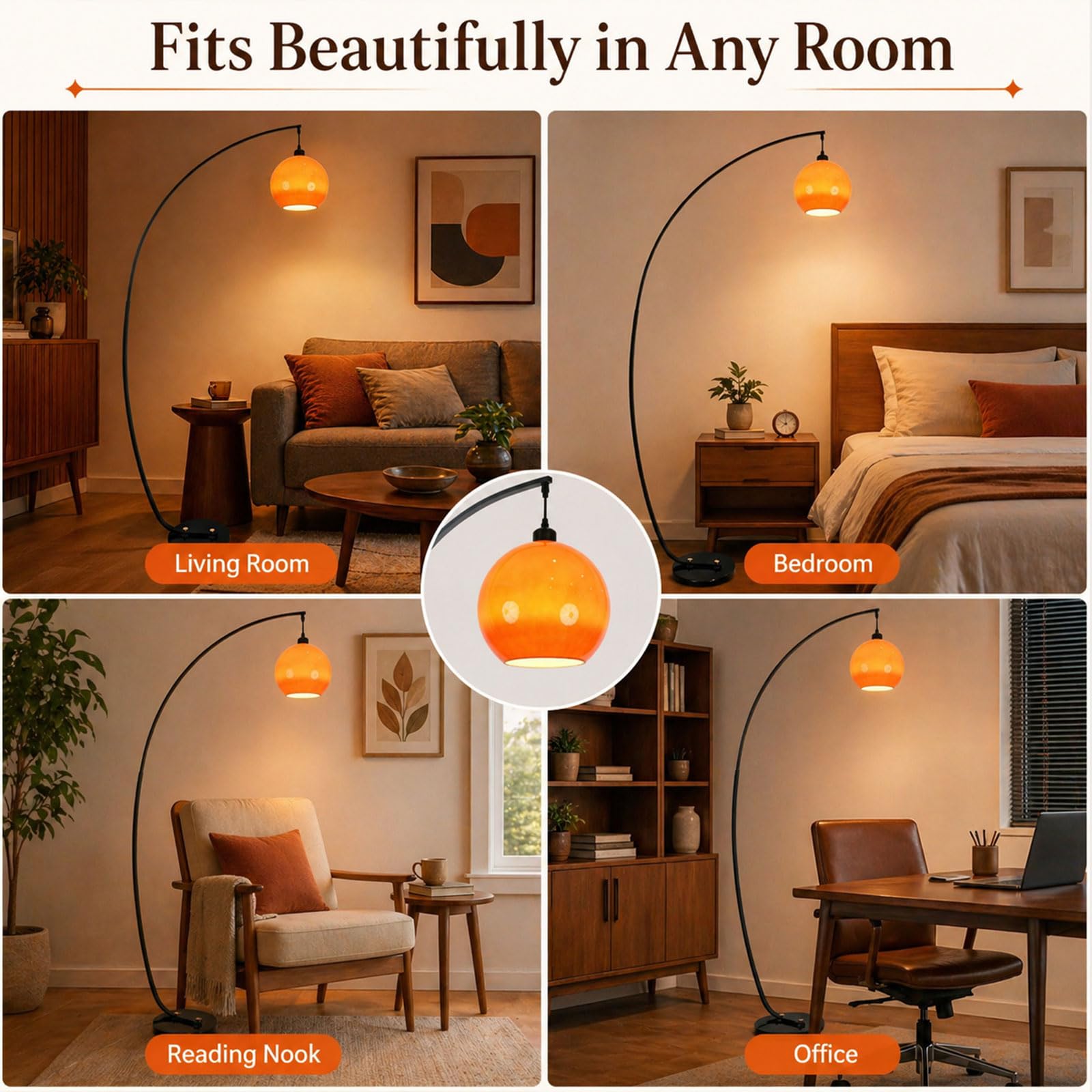 Lampada Da Terra Ad Arco Da 180 CM, Stile Mid-Century Modern, Arancione, Con Globo In Vetro, Attacco E27, 3 Temperature Di Colore, Base In Marmo, Lampada Alta Per Soggiorno E Camera Da Letto