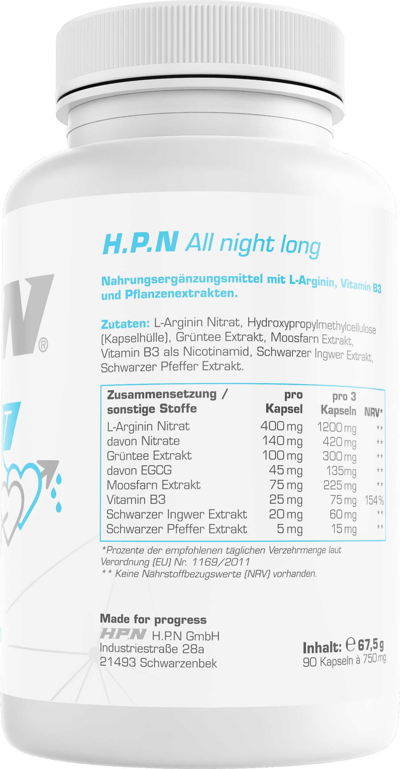 H.P.N - All Night Long | Pump-Booster mit L-Arginin Nitrat, Schwarzem Ingwer, Moosfarn & Grüntee zur Unterstützung von Muskelpump, Performance & Ausdauer - 90 Kapseln