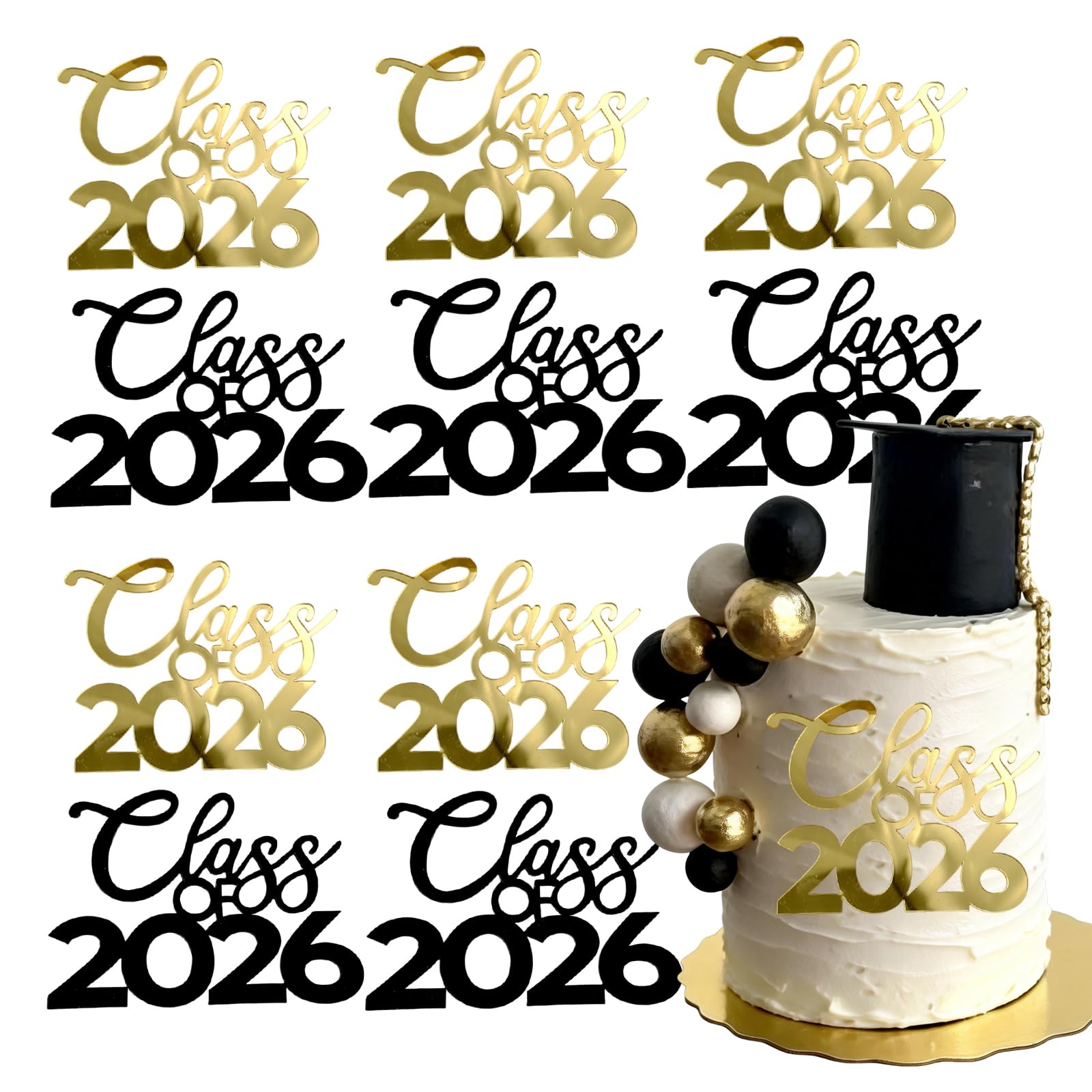 Photo 1 of 10 Pcs Class of 2026 Graduation Cake Topper Acrylic Gold Black Letter Cake Picks Grad Theme Congratulations Side Cake Decor Graduate Party Supplies
