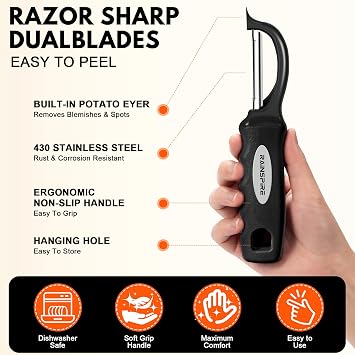 Rainspire Vegetable Peeler Potato Peelers for Kitchen, Sharp Stainless Steel Blades Veggie, Comfortable Handle Fruit Peeler, Carrot Peeler Apple Peeler Dishwasher Safe Black, 1-Pack