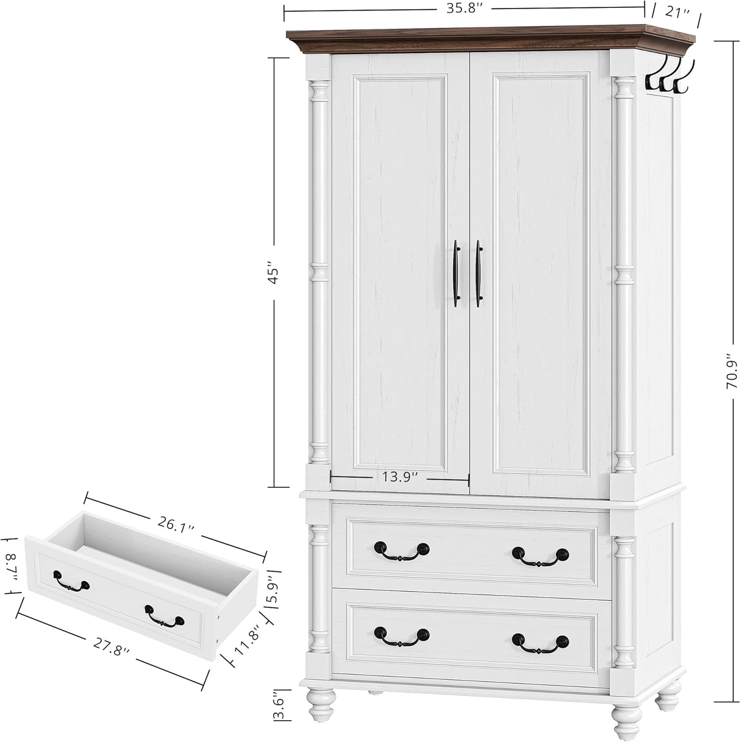 LIKIMIO Farmhouse Armoire Wardrobe Closet with 2 Doors and 2 Drawers, 70" H x 36" W, Large Bedroom Armoire with Roman Column and 3 Hanging Hooks, Wooden Freestanding Closet Cabinet, White