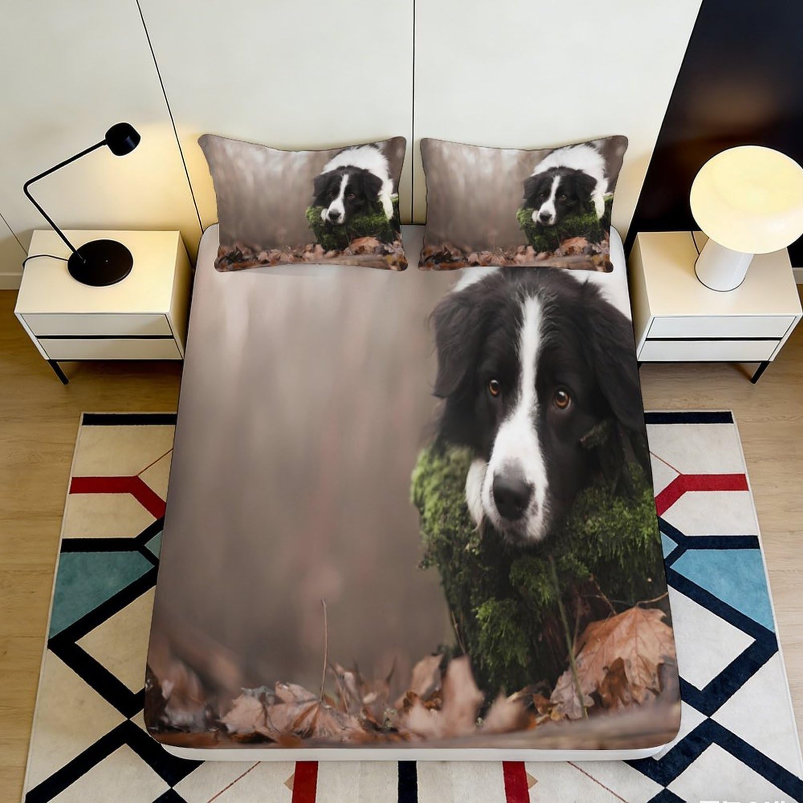 3D Printed Forest Border Collie Fitted Sheet Microfiber Soft Anti-Slip Autumn Leaves Bed Cover Bedroom Decor 90x200x25cm