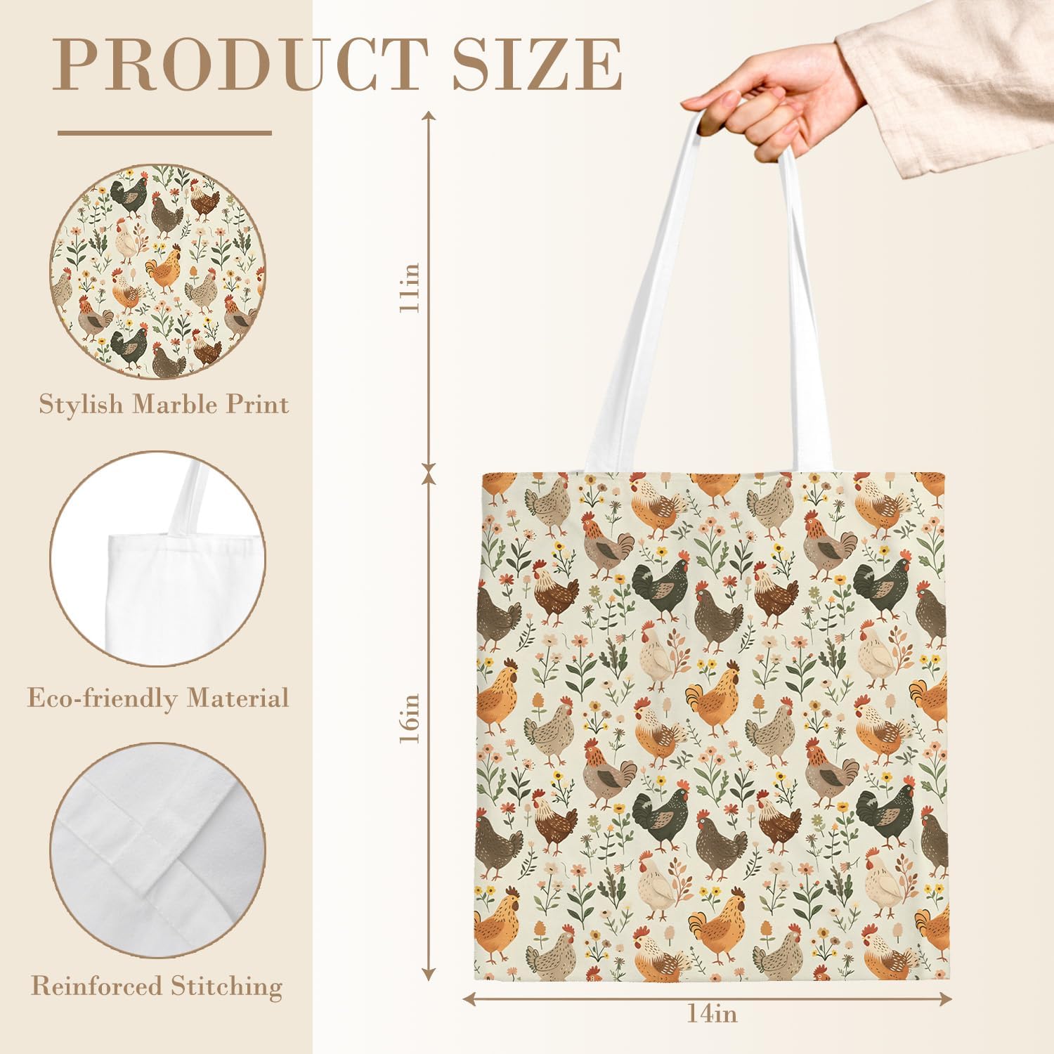 Floral Chicken Tote Bag, Rustic Chicken Canvas Tote Bags for Women, Chickens Lover Mom Lady Gifts, Farmhouse Animal Rooster Hen Reusable Grocery Shopping Bags - Image 6