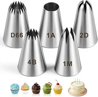 5 Pcs Piping Tips Set, Stainless Steel Icing Piping Nozzles, Cake Decorating Tip, Large Frosting Tips Set, Decorating Tip for Cupcakes, Cake, Churros, Eclairs (1M 2D 1A 4B D66)