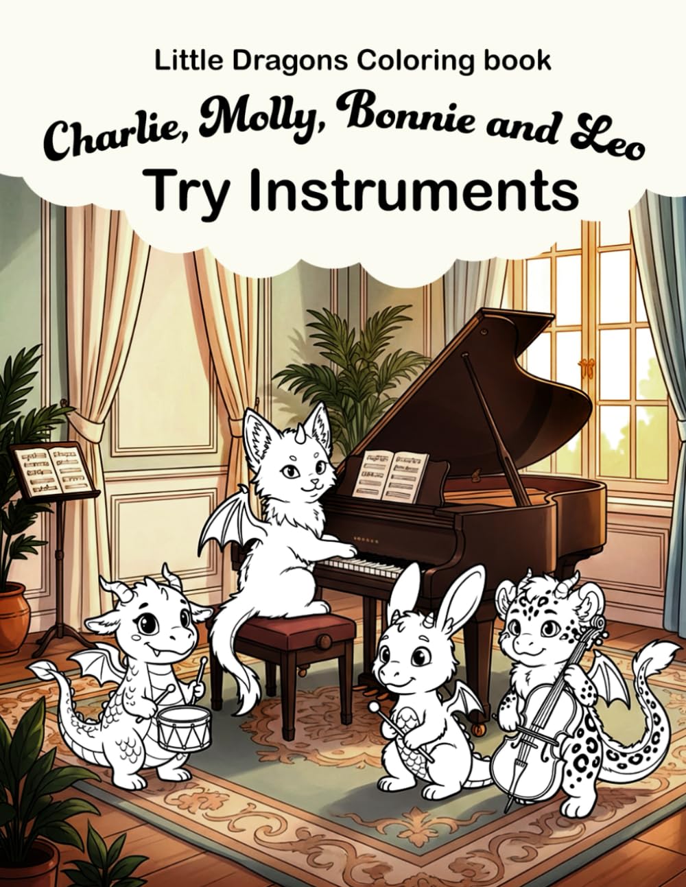 Charlie, Molly, Bonnie and Leo try instruments: A Cute and fun Coloring Book with your favorite little dragons (Charlie, Molly, Bonnie and Leo, cute baby animal-dragons coloring books)