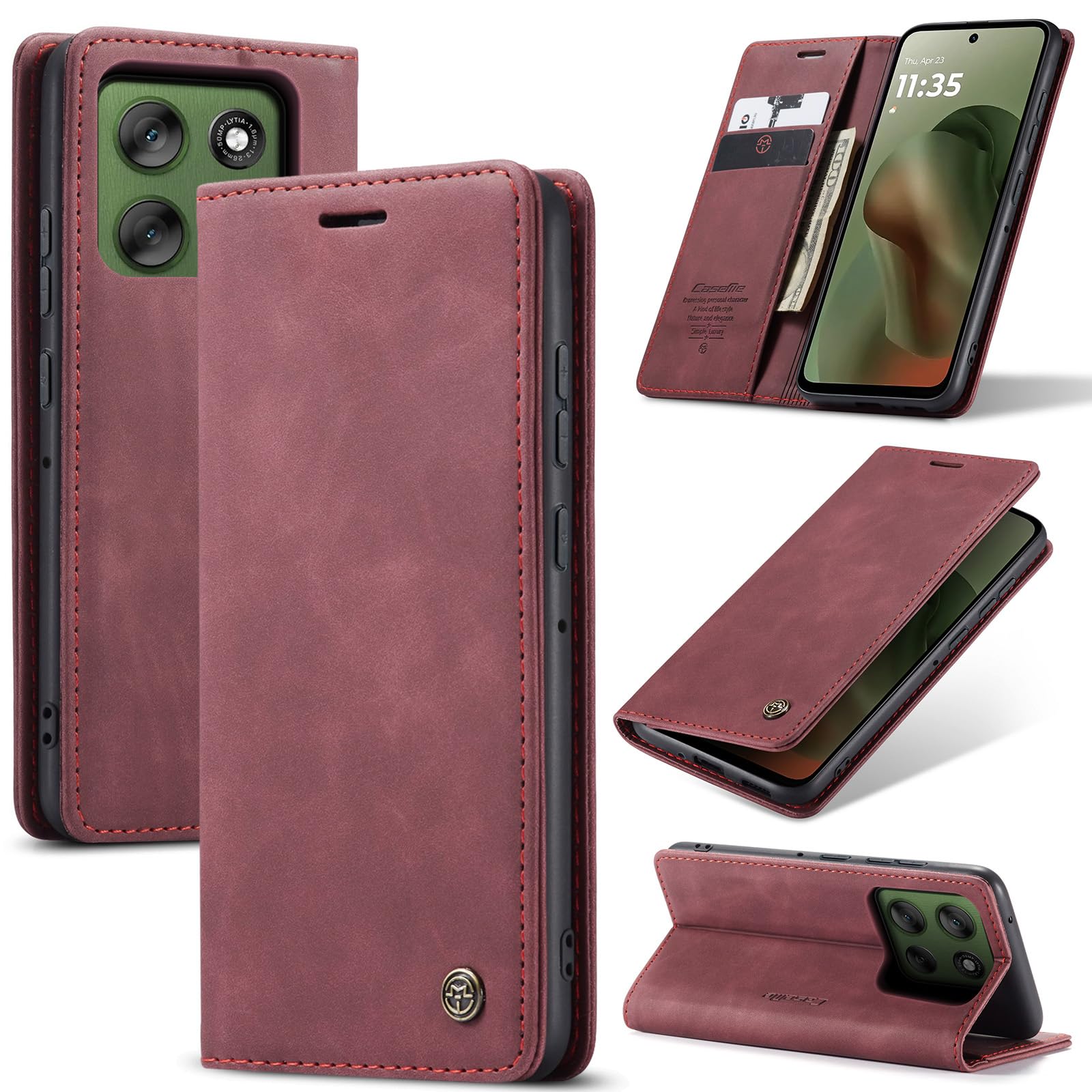 Azororo Cover per Motorola Moto G56 5G, Premium PU Pelle Custodia, Magnetica Carta Fessura Portafoglio Case, Flip Cavalletto Custodia per Motorola G56 - Vino Rosso