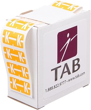 TAB Alphabetic Folder Label Roll, K, Light Orange, 1/2", 500 Labels/Roll