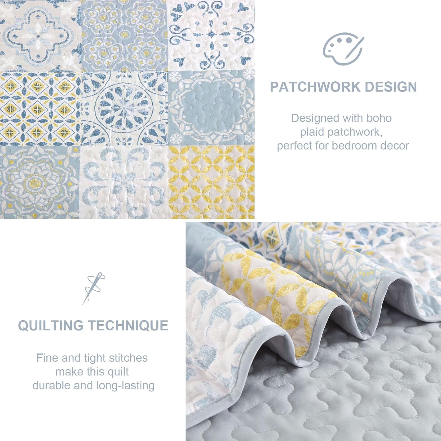 Dobuyly Queen Quilt Set 3 Pieces, Blue/Yellow/Grey Patchwork Bedspreads, Boho Summer Coverlet Set, Soft Lightweight Microfiber Bedding Set for All Seasons 96"x90" - Image 5