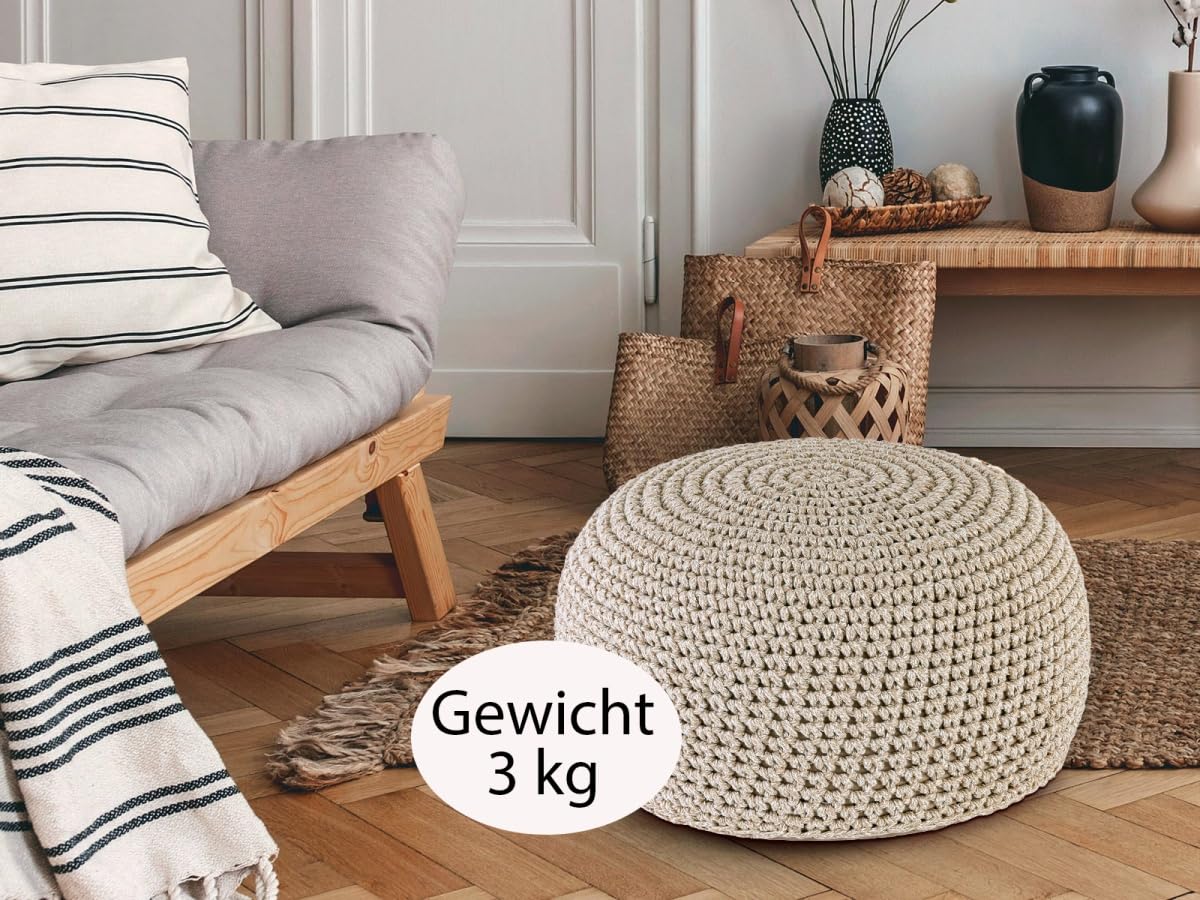 Bodenkissen Pouf Ø55 H37 Mohair Sitzhocker Sitzpouf waschbar nachfüllbar Farbe beige - weiß