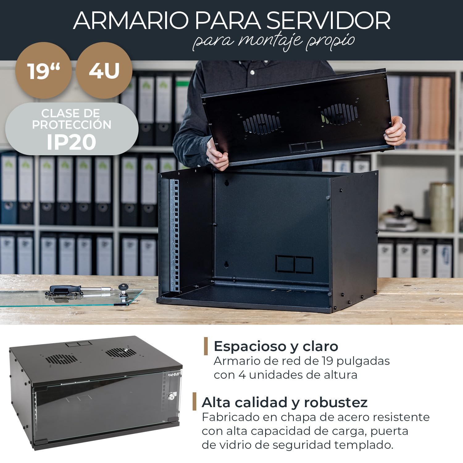 HMF 65704-02 Armario de Red, Armario para Servidores, 19 Pulgadas, 4 U, Profundidad de 400 mm, Puerta de Vidrio, Negro